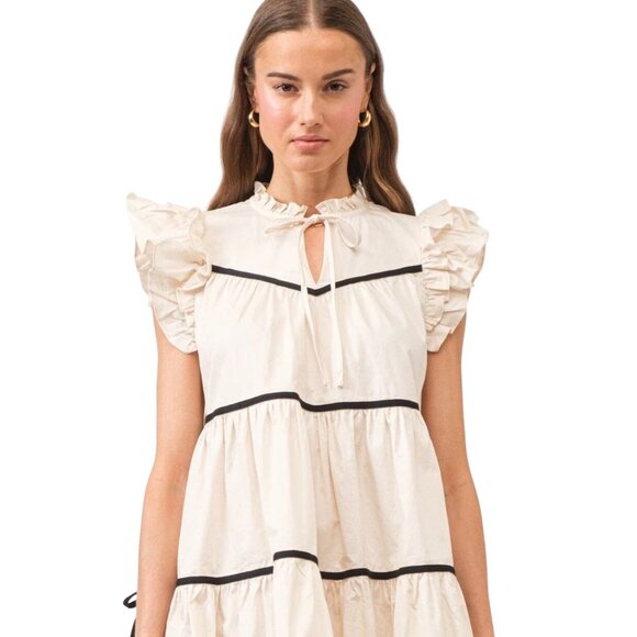 Sofie the label Ruffle Sleeve Tiered Mini Dress With Black Trim/Tie Detail Large - Picture 2 of 12